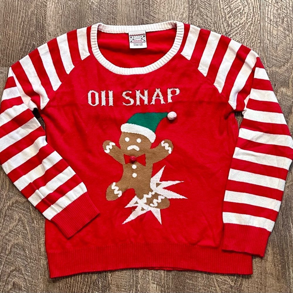 Well Worn Girls 10-12 Oh Snap Gingerbread Ugly Christmas Sweater Red
